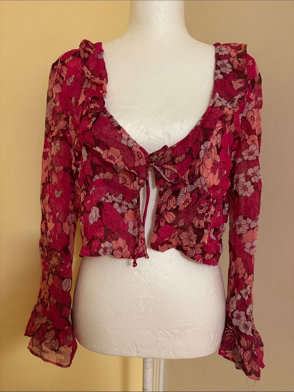 Urban Outfitters Raspberry Floral Tie-Front Cropped Top